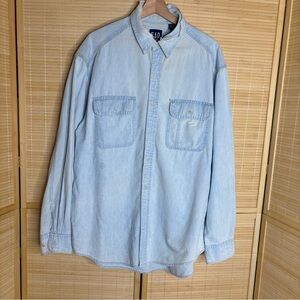 Vintage 90s Gap Men's Medium Distressed Denim Button-Down Shirt – Blue